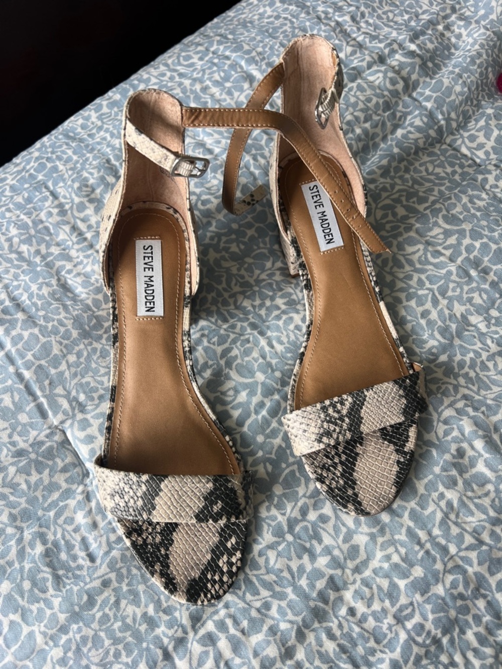 Steve Madden Snake-Print Ankle Strap Heels in Black and Cream